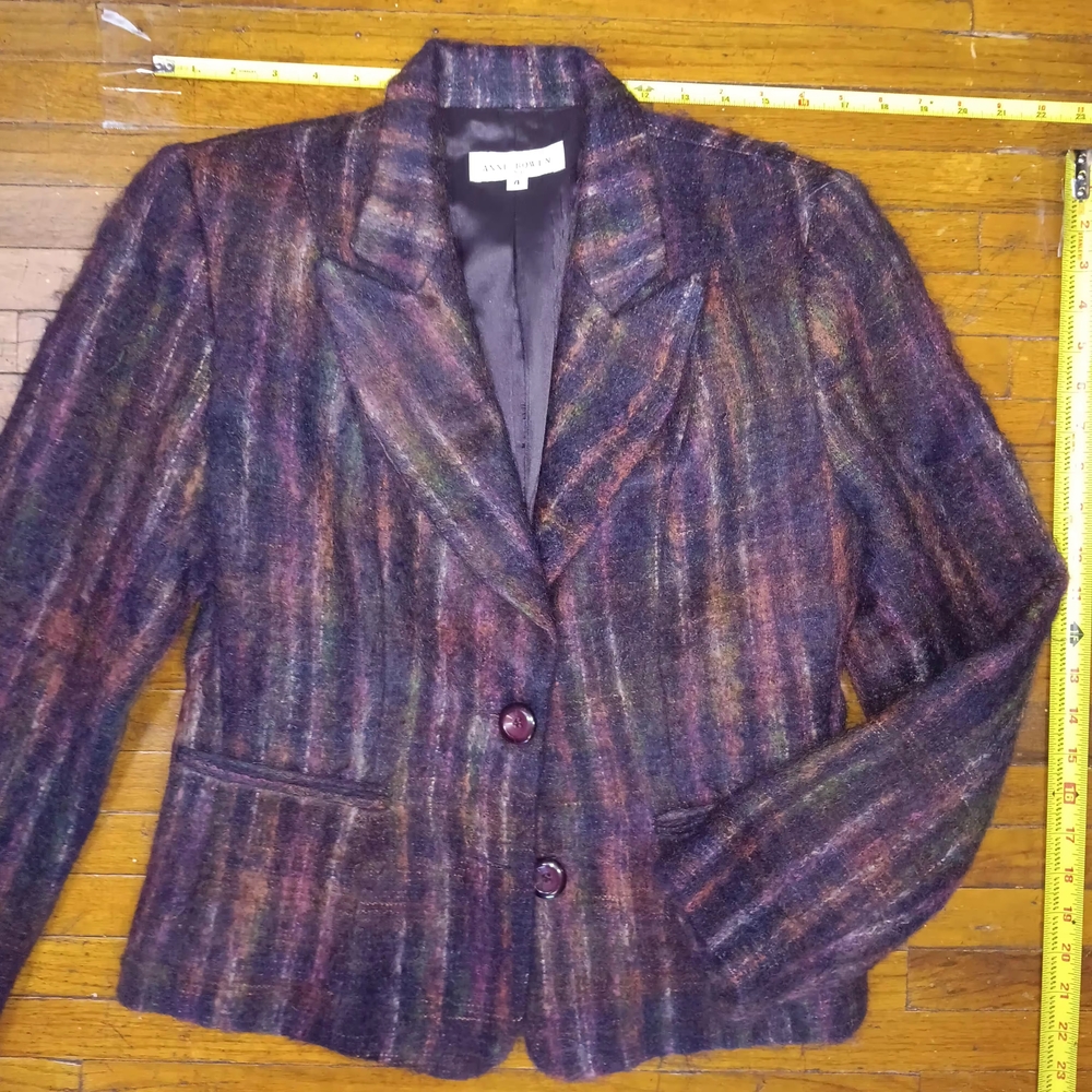 Anne Bowen Purple Multicolor Striped Mohair Wool-Blend Blazer